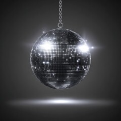 A metallic disco ball hangs from a chain against a dark gray background