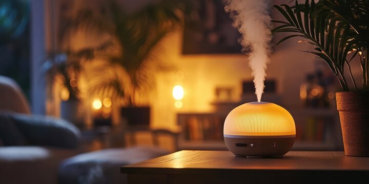 A modern humidifier emitting vapor in a cozy living room setting. The room is warmly lit with soft, ambient lighting, featuring a potted plant and a comfortable sofa in the background.
