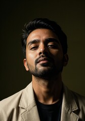 Fototapeta premium Closeup portrait of a young indian man with a beard and mustache, looking confidently at the camera in studio lighting