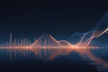 City skyline, digital waves, night view