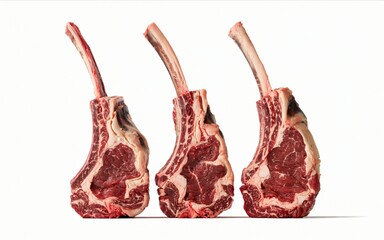 Three large, raw tomahawk steaks are neatly arranged in a row, showcasing their impressive bone-in structure. 