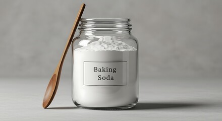 Baking Soda in Clear Jar with Wooden Spoon on Neutral Background