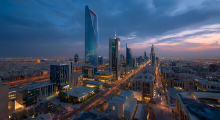 Fototapeta premium During the blue hour, the KAFD buildings in Riyadh, Saudi Arabia, stand out