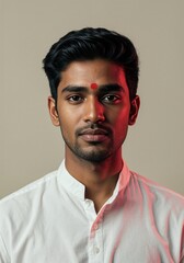 Obraz premium Young indian man with a red bindi on his forehead, wearing a white traditional shirt, studio portrait