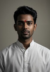 Fototapeta premium Young indian man with a red tilak on his forehead, wearing traditional kurta, studio portrait