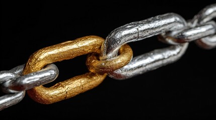 Obraz premium Interlocked gold and silver chains on black background, abstract symbol of digital security protection for cyber safety concepts, tech presentations, and corporate branding.
