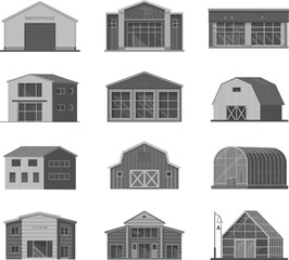 Collection of warehouse, barn, shop, and greenhouse vector building illustrations in flat style, agricultural and commercial architecture set for design projects