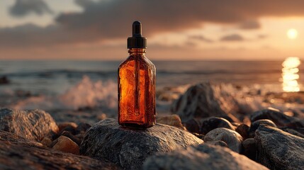 Amber glass dropper bottle on rocks by the sea at sunset