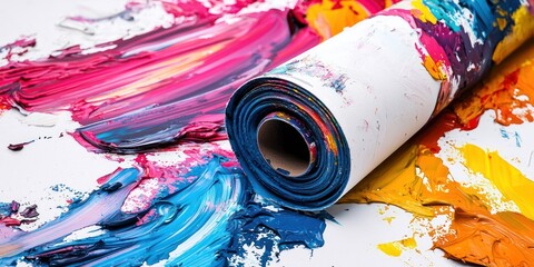 A vibrant, abstract painting with a rolled-up canvas revealing white paper underneath. The artwork features a mix of bold, colorful strokes in shades of pink, blue, yellow, and orange