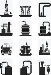 Oil and gas industry vector icons set including rigs, pipelines, refineries, transport, storage tanks, and fuel pumps, black silhouette design