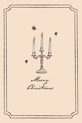 Christmas greeting card design temlpate, hand drawn illustration of vintage candlestick.