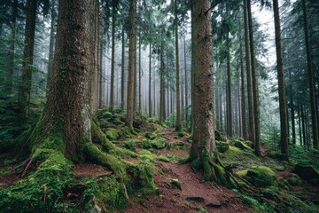 Obraz premium Misty forest path, mossy roots, tall trees