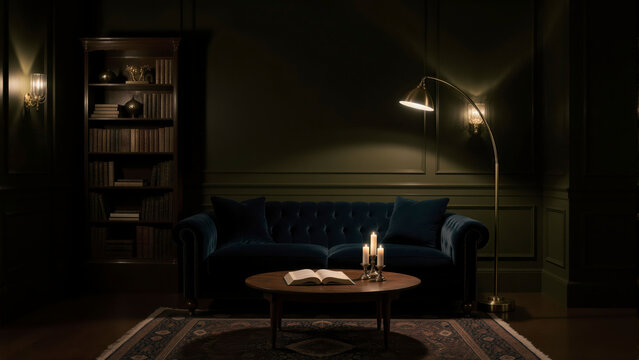 Sala oscura con sillones y lámpara encendida iluminando mesa redonda creando ambiente acogedor y elegante