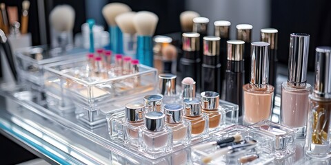 A clear acrylic organizer filled with various makeup and skincare products, including bottles, tubes, and brushes, arranged neatly on a white surface.