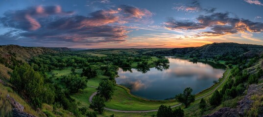 Serene Sunset Over the Lake in the Hills