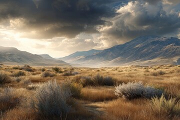 Golden desert valley, dramatic clouds