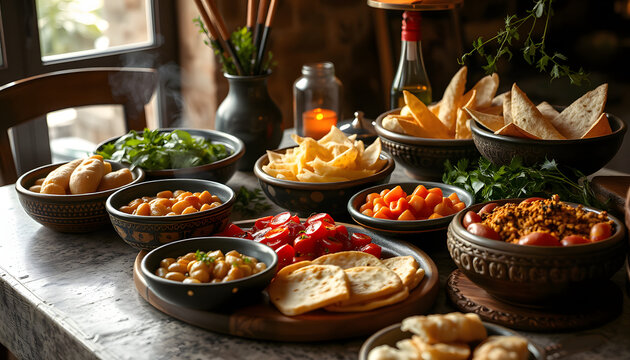 selection of libanese food mezze, Diffused lighting. White tone