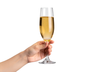 A person's hand holding a glass of champagne, ready to toast. The champagne bubbles slightly in the glass, appearing inviting and celebratory on a transparent background