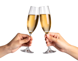 Two hands clinking champagne glasses, toasting to a special occasion. The glasses are filled with bubbly champagne on png background