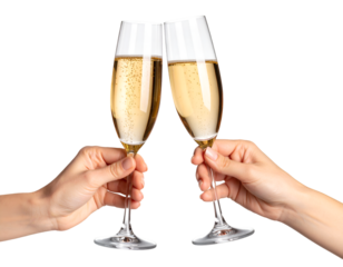 Two hands clinking champagne glasses, celebrating a special occasion on png background