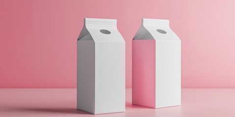 Two white milk cartons on a pink background, positioned upright and side by side. The scene is minimalistic with soft lighting and a clean, modern aesthetic.