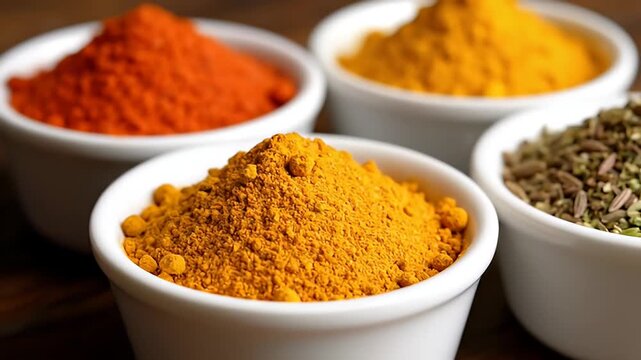 Colorful spices in bowls on wooden surface