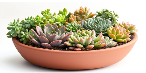 Fototapeta premium A variety of succulents arranged in a terracotta pot. The plants display a mix of green and pink hues, with some having spiky leaves. The pot is placed on a plain white surface