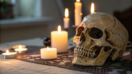 Eerie skull surrounded by flickering candles creates a spooky, mysterious atmosphere for Halloween or gothic themes.
