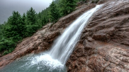 Obraz premium Majestic waterfall cascades down a rocky slope surrounded by dense green pine trees