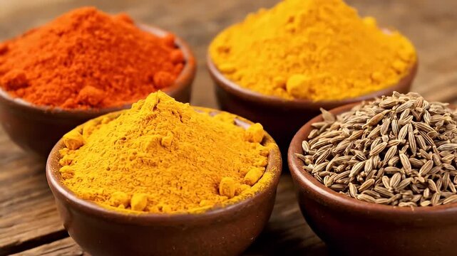 Colorful spices in bowls on wood
