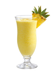 Refreshing pineapple shake in a glass, isolated on white background.