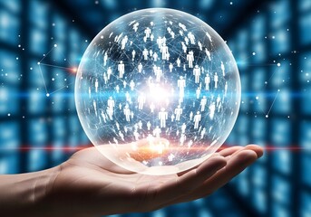 A hand holds a glowing sphere displaying interconnected human figures, representing global connectivity.