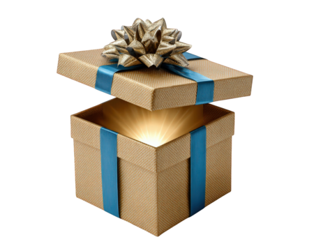 Golden gift box with blue ribbon, glowing light from inside, festive surprise, celebration, excitement, isolated on transparency background - Powered by Adobe