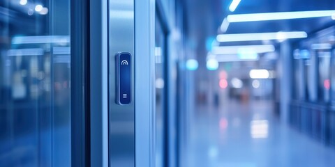 A modern elevator door with a digital keypad in a sleek, futuristic hallway illuminated by blue neon lights. The background is blurred, emphasizing the elevator and its sleek design.