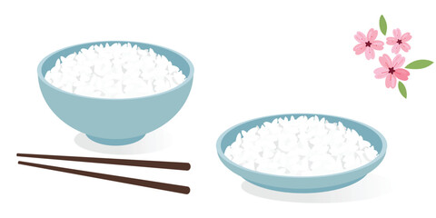 Rice bowl, plate, chopsticks and cherry blossom 
Sakura flower icon signs on white background vector.
