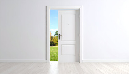 A white door opens to reveal a bright outdoor scene 