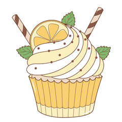 Orange Fruit Cupcake With Wafer Roll. Flat and Simple Food Illustration.