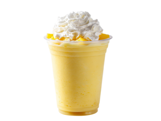 Mango frappe, with fresh whip cream on top in takeaway cup, isolated on white background.