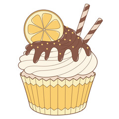 Orange Fruit Cupcake With With Melting Chocolate. Flat and Simple Food Illustration.