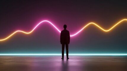 Fototapeta premium A lone businessman stands silhouetted against a glowing wavy line of pink and yellow neon lights