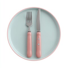 A light-mint-colored plate with a salmon-pink rim holds a fork and knife