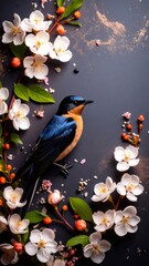 Elegant bird and blossoming floral arrangement on a dark textured background