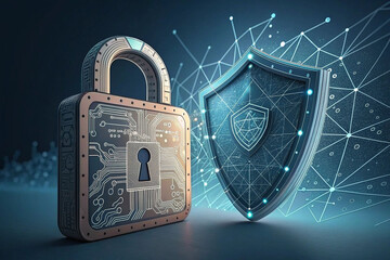 Cyber security lock and shield digital protection for internet data privacy and network safety concept