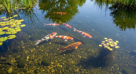 Koi fish in a serene pond surrounded by lily pads and lush greenery in sunlight