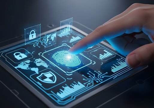 A hand touches a digital fingerprint interface, displaying security icons and data visualizations on a tablet-like device.