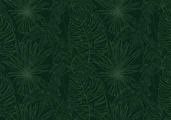 Elegant line drawing of tropical jungle leaves on a dark green background, a seamless exotic foliage pattern.