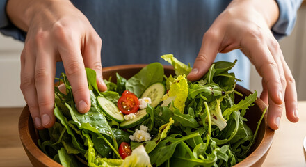 A person's hands toss a vibrant salad with spinach, lettuce, tomatoes, cucumbers, and feta cheese in a wooden bowl.