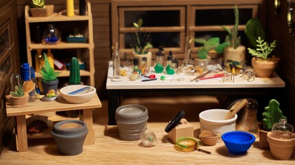 Miniature Science Lab Setup with Tiny Plants and Laboratory Equipment