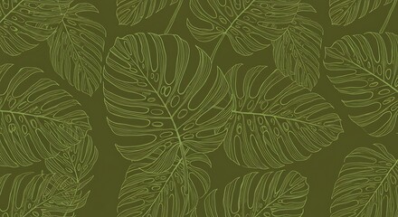 Elegant line art of tropical monstera leaves creating a seamless botanical pattern, a stylish graphic design background for modern decor.