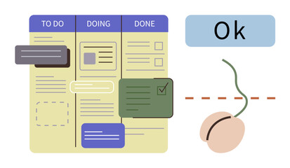 Kanban board with To Do, Doing, and Done columns, task cards, checkbox, cursor, and Ok button. Ideal for organization, productivity planning team collaboration time management workflow © robu_s